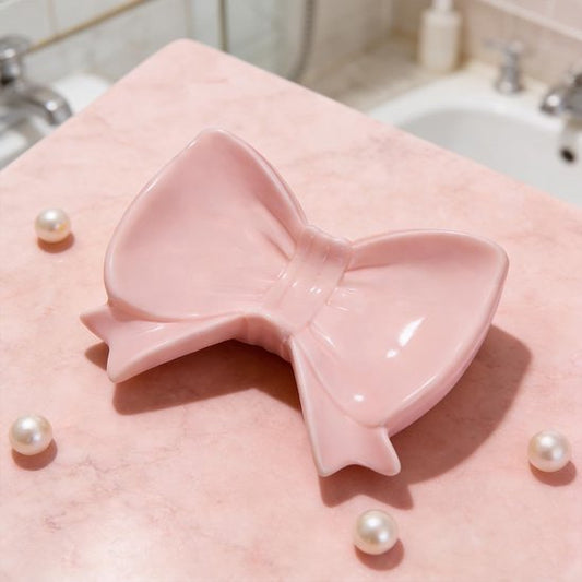 Bow Soap Dish - Ceramic Soap Organizer with Pink Bow - Bathroom Decor, Sponge Holder for Sink, Jewelry V1188-ZXY-131-161
