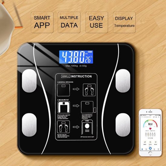 Smart Scale with Body Analysis - Measures BMI, Fat & Muscle Mass - USB Rechargeable - Up to 180 kg - Black V1188-ZXY-131-286