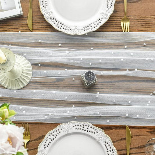 White Table Veil with White Pearls - Silky Gauze 30x120 Inches - For Weddings, Parties & Table Decorations V1188-ZXY-131-367