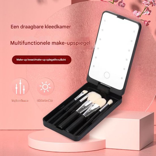 LED Makeup Mirror - Lighted Makeup Mirror - Set of 5 Makeup Brushes - Brush Storage - Cover - Dustproof - Pink V1188-ZXY-131-495