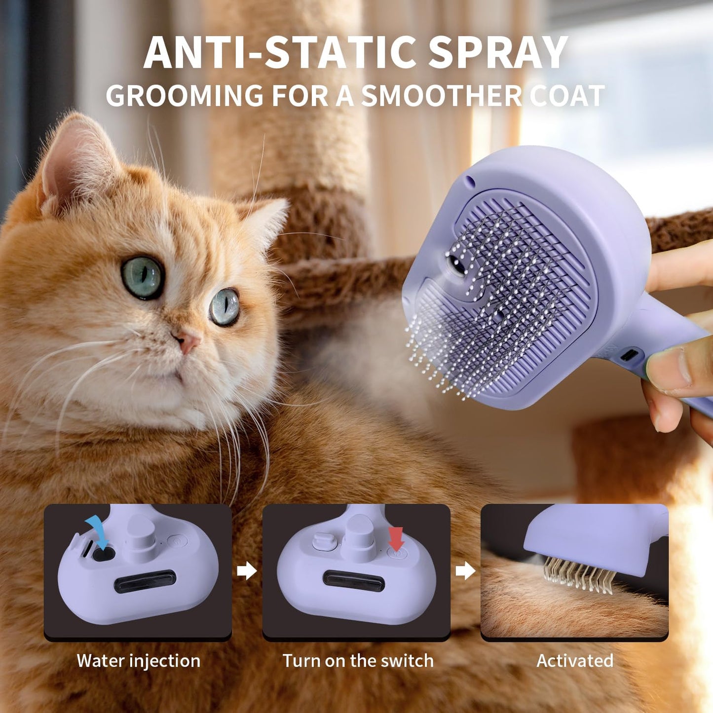 Self-Cleaning Brush - Antistatic - Pet - 3-in-1 - Purple - 1st V1189-HB001CYTR00025