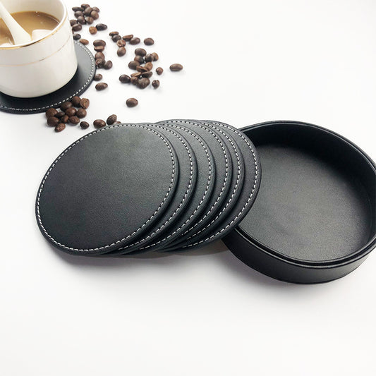 Coaster set - Leather coaster set with storage box - Black - 5 pieces V1189-HB001HWG000004