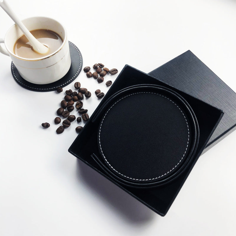 Coaster set - Leather coaster set with storage box - Black - 5 pieces V1189-HB001HWG000004