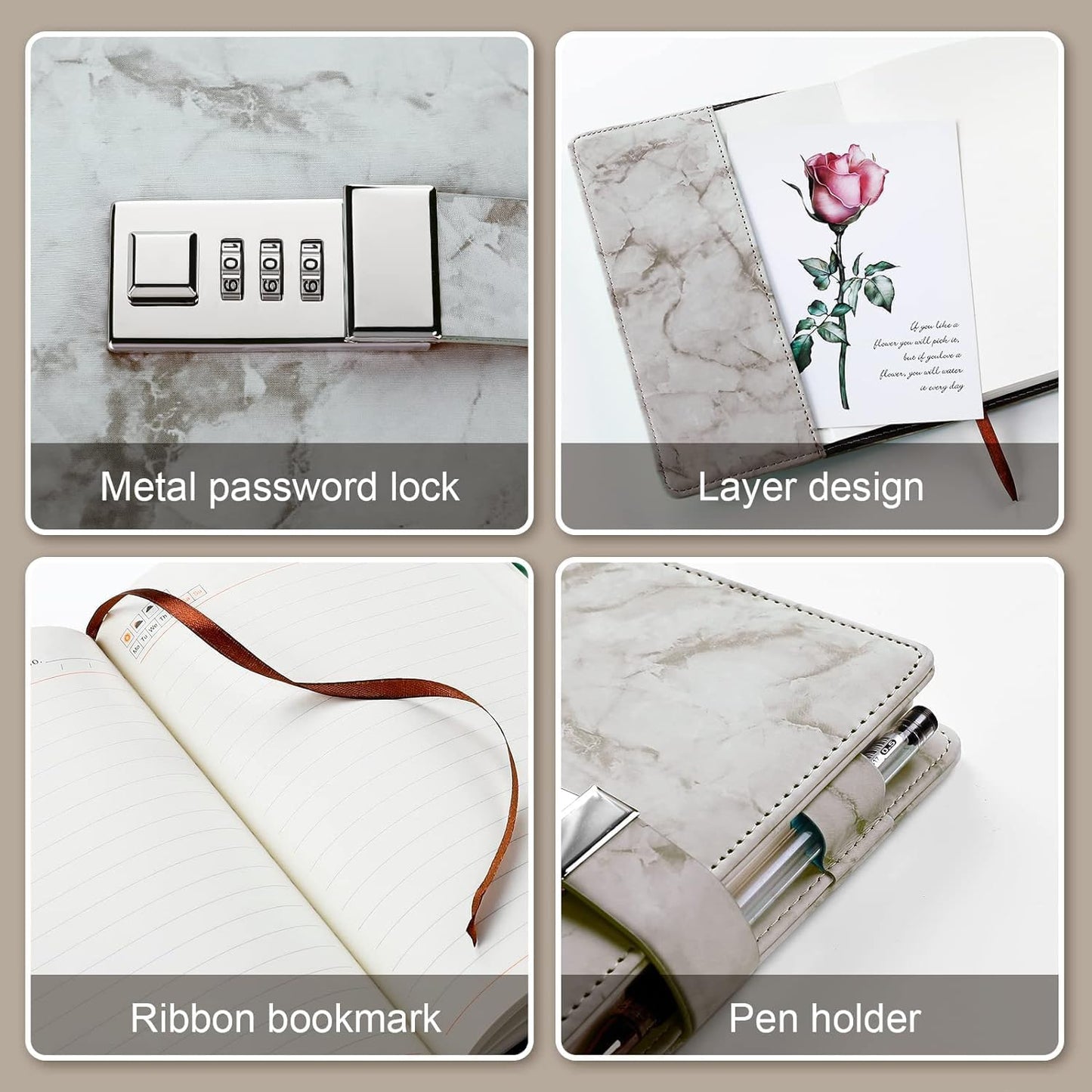 Diary with combination lock, waterproof leather, marble pattern, gray, 1 pack V1189-HB001HWI000009