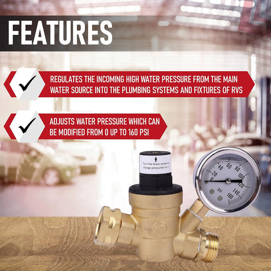 RV Water Pressure Regulator with Gauge Adjustable 3/4" Hose Valve - RV Water Pressure Regulator with Gauge - V1189-HB001WSRF00006