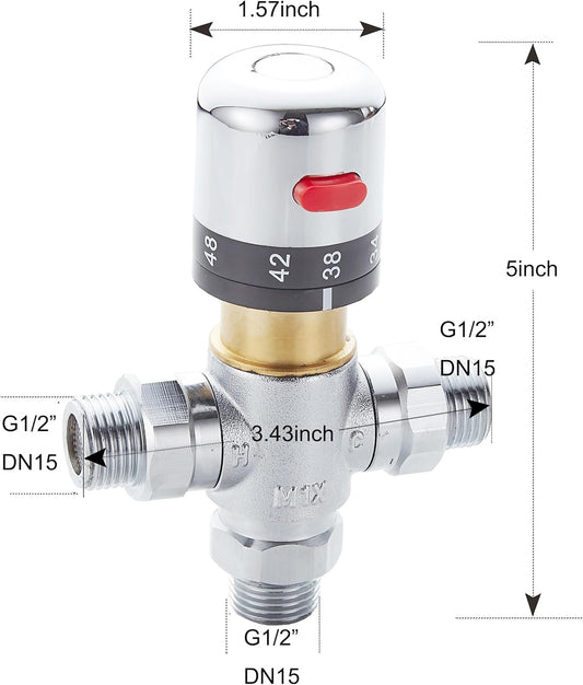 3-way thermostatic water mixer DN15, temperature control hot and cold, G1/2 NPS male connections, anti-scald V1189-HB001WSRF00007