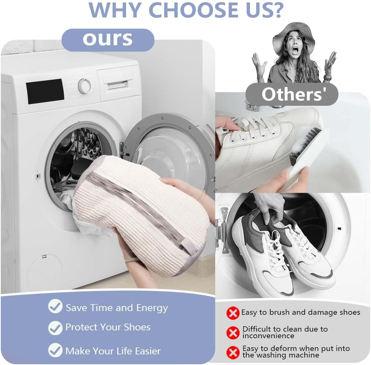 Shoe Wash Bag - Double Pocket with Concealed Zipper - For Machine Washing - 360 Degree Cleaning - White Color V1189-HB001WSRH00003