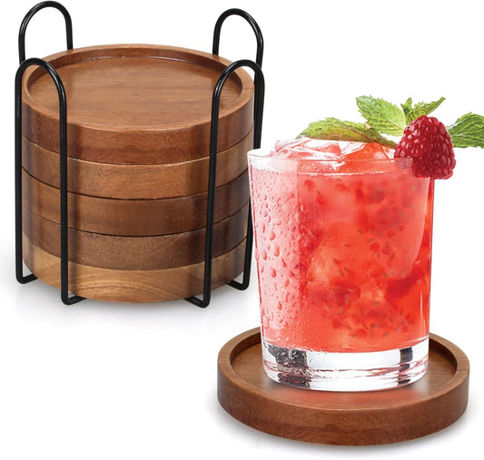 6 Pieces Best Wooden Coasters with Holder, Coffee Table Decor, Acacia Wood Coaster Set, Modern Drink Coaster, V1189-HB001WSRT00016
