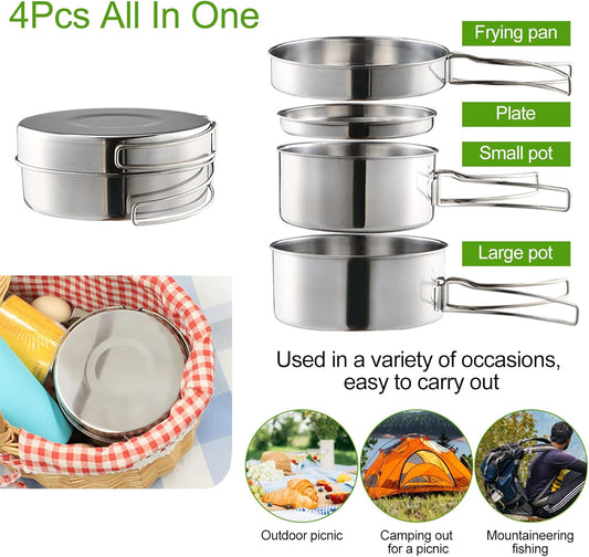 Camping Cookware Set - Multifunctional Portable Stainless Steel Cookware Set - Suitable for 2-3 People - V1189-HB001ZSSG00027