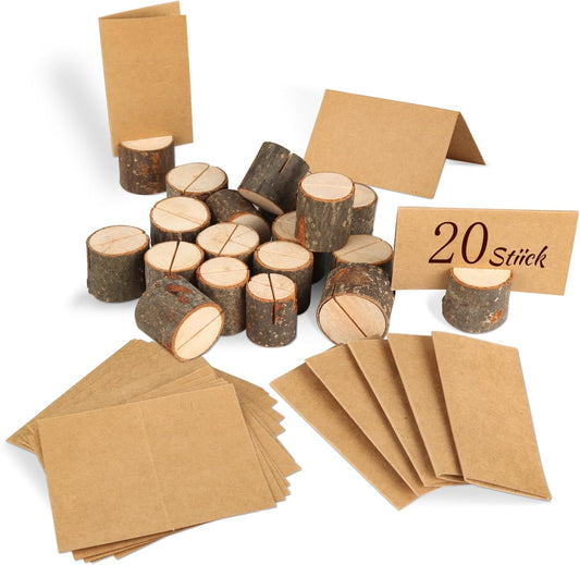 Wooden Place Cards (20) + Kraft Cards (20) - Wooden Card Holders - Wooden Place Cards - Rustic Wooden Photo V1189-HB001ZSSI00024