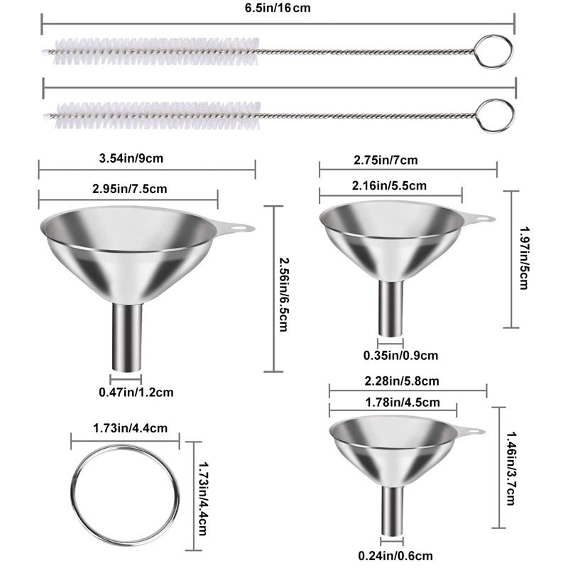 Stainless Steel Funnel Set of 3 - Includes 2 Cleaning Brushes - Kitchen Funnels with Handle - For Liquids, V1189-HB003WSRG00050
