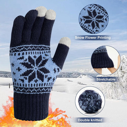 3 Pairs Touch Screen Gloves with Snow Flower Pattern, Warm Knit Winter Gloves Christmas Gifts Stocking V1189-LWWAL-20260325-00024