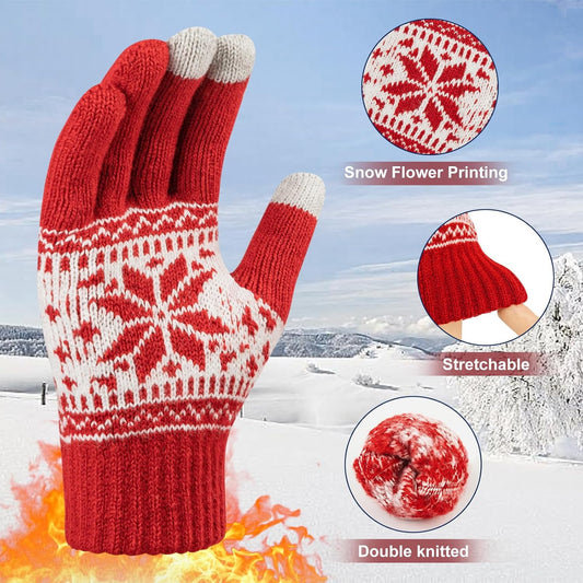 3 Pairs Touch Screen Gloves with Snow Flower Pattern, Warm Knit Winter Gloves Christmas Gifts Stocking V1189-LWWAL-20260325-00028