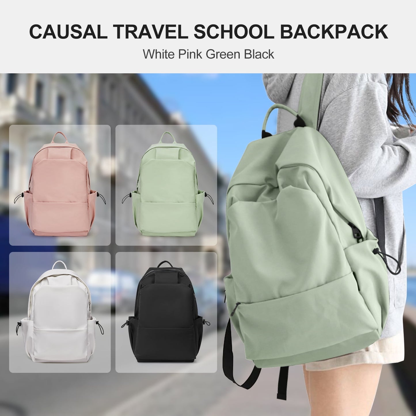 BJLFS Unisex Lightweight Water-Resistant Backpack, Black Light Green V1189-LWWAL-20260325-00069