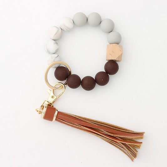 JWDX Ring, Hangs Clearance! Silicone Key Ring Bracelet, Women Beaded Bangle Keychain Wristlet Leather Tassel V1189-LWWAL-20260325-02843