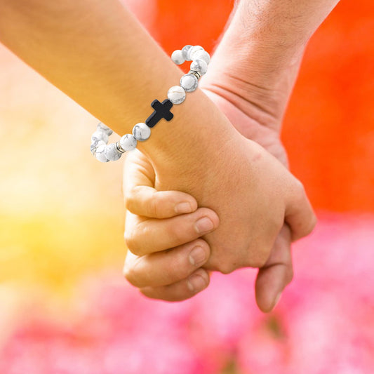 Natural Stone Black Cross Stretch Bracelet Elastic Thread Beaded Unisex Jewelry - One Size Fits Most Wrist, V1189-LWWAL-20260401-05860