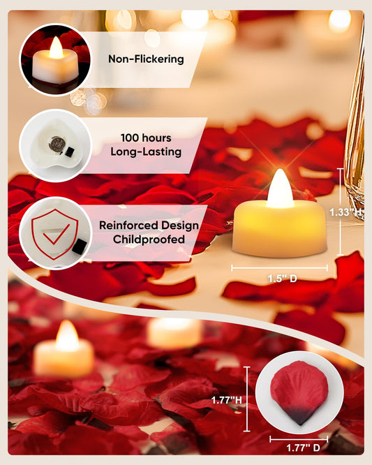 Battery Operated Candles - Set of Rose Petal Candles - 99 Artificial Rose Petals - 24 Heart-Shaped LED Tea V1189-WXF-260203-00157