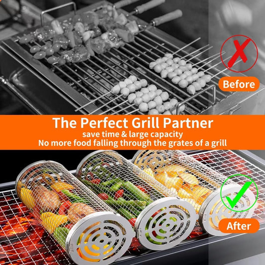 BBQ Grill Basket - Rotating Barbecue Basket - Stainless Steel Vegetable Basket - Fish Rack - Grill Basket - V1189-WXF-260203-00271