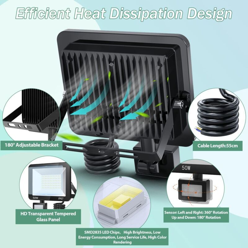 50W LED Floodlight with Motion Sensor IP67 Waterproof 5000LM 7000K Cool White V1189-WXF-521-0010
