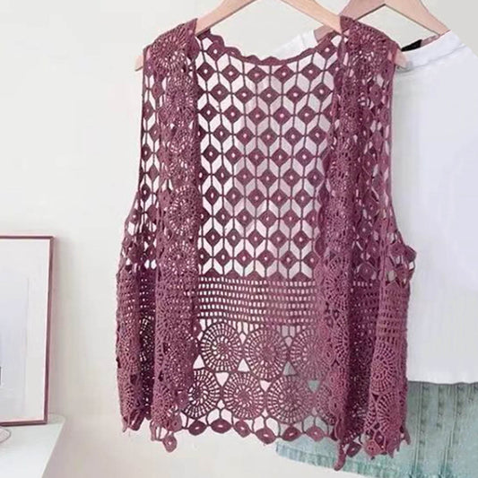 Women Vest Women's Sleeveless Knitted Hollow Vest Retro Crochet Cardigan for Summer Spring Autumn Sleeveless V1189-WXFWAL-20260319-01400