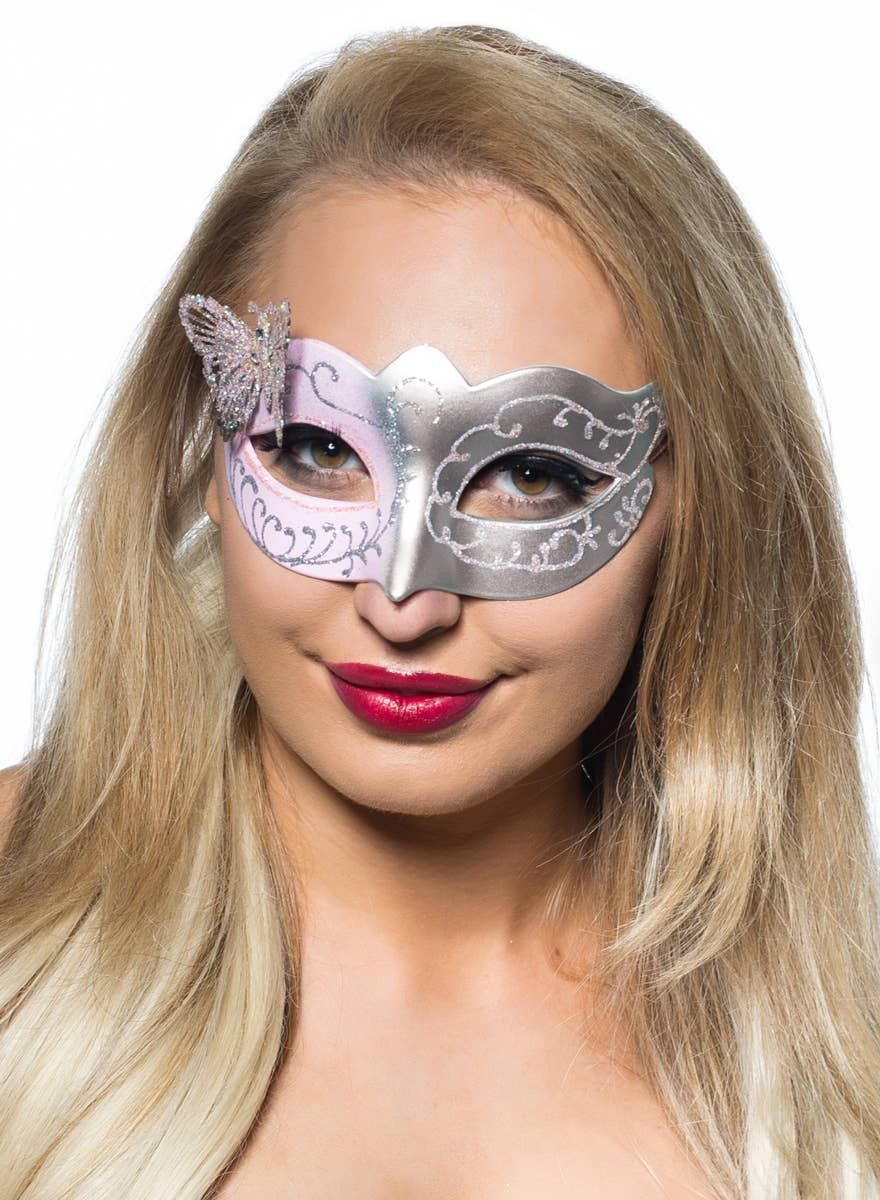 Butterfly Venetian Masquerade Mask in Pale Pink and Silver V1191-E-CX-07145