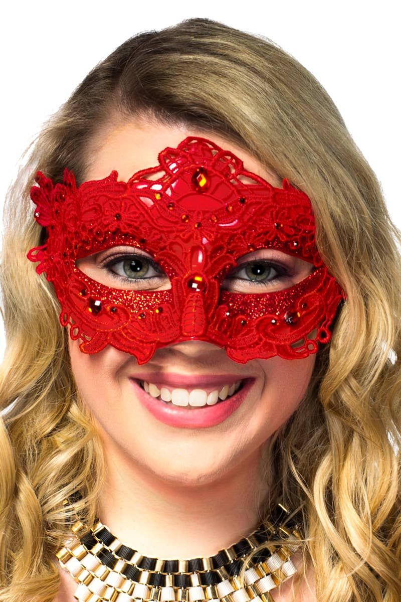 Glitter and Floral Lace Overlay Red Masquerade Mask V1191-E-CX-07241