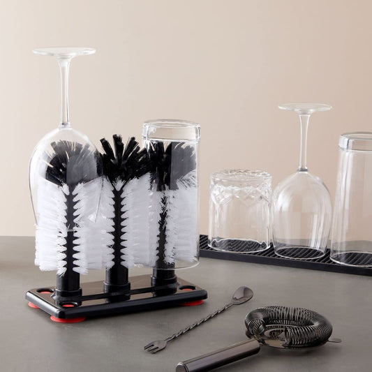 Glass Washer Brush Cleaner - 3 Brushes per Base Bristle Brush for Beer Cup, Long Leg Cup, Red Wine Glass & V1192-AZ-W-0142