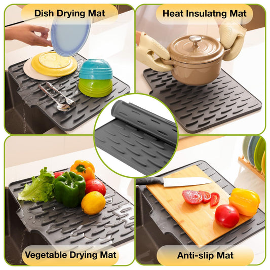 Dish Drying Mat with Board Drain, Heat Resistant Drying Matt Kitchen Counter & Silicone Dish Drying Mat, V1192-AZ-W-0204