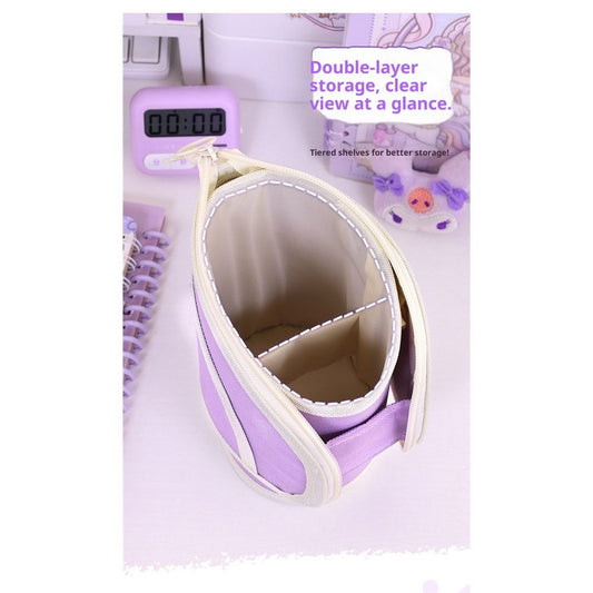 2 in 1 Standing Pencil Case Telescopic Pen Holder Stationery Pouch Organizer Box Large Storage Bag for Office V1192-AZ-W-0381