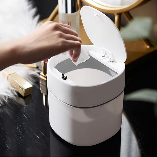 Mini Desk Trash Can with Lid, Press-Top Tiny Countertop Waste Basket Small Table Top Plastic Covered Garbage V1192-AZ-W-0430