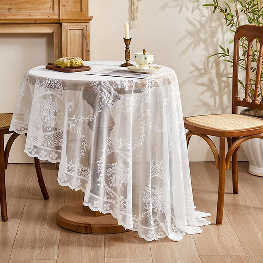 Vintage White Lace Tablecloth for Wedding Party Banquet Farmhouse Floral Embroidered Round Table Cover for V1192-AZ-W-0476