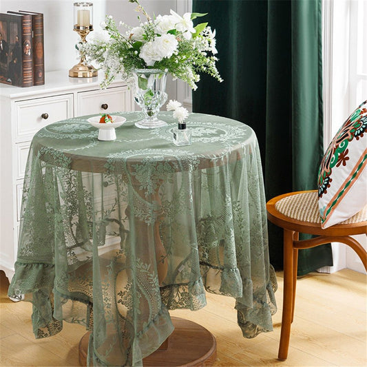 Green lace square flower tablecloth, chic and elegant covered pleated tablecloth, embroidered tablecloth V1192-AZ-W-0512