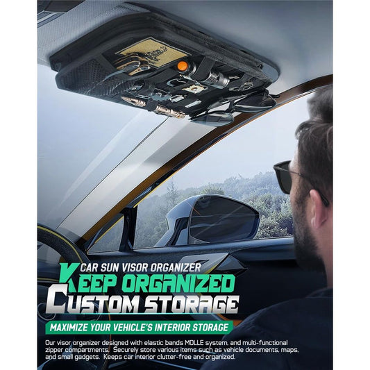 Car Sun Visor Organizer, Design Car Accessories with Zipper Visor Storage Pouch & Glasses Clip, Semi-Rigid V1192-AZ-W-0634