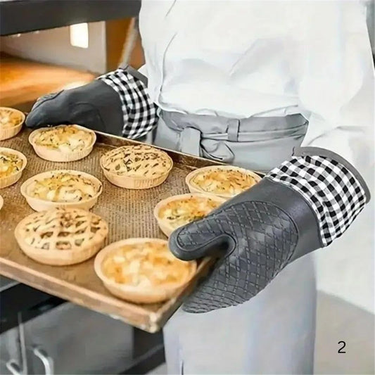 1 pair Soft Silicone Oven Mitts, Heat Resistant and Waterproof Cooking Gloves, Thick Cotton Lining, Flexible V1192-AZ-W-0856