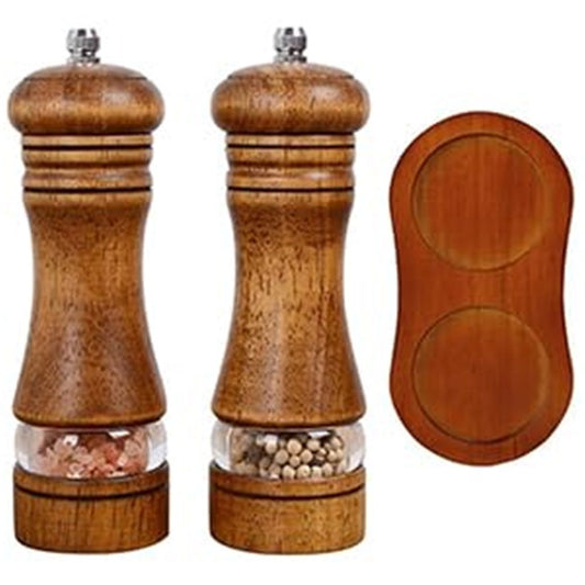 Salt and Pepper Grinder Set, 2Pcs Oak Pepper Grinder with Stand 6 Inches Adjustable Ceramic Grinder Wooden V1192-AZ-W-0953