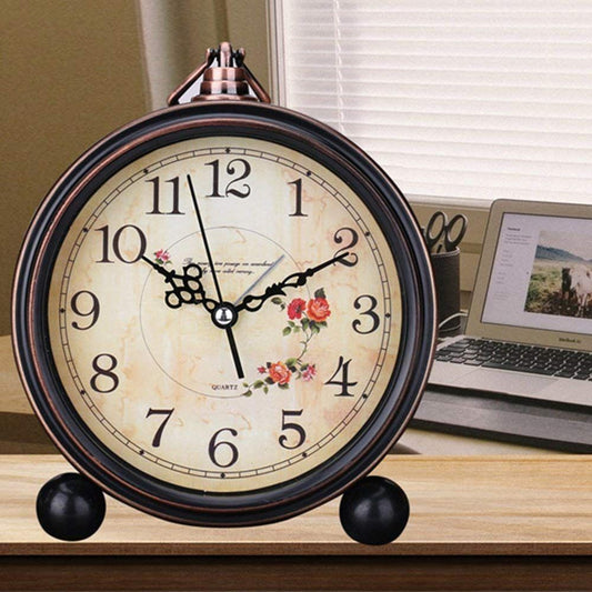 Vintage Analog Alarm Clock, 5 inch Small Silent Desk Clock with Night Light, Battery Operated for Table, V1192-AZ-W-1049