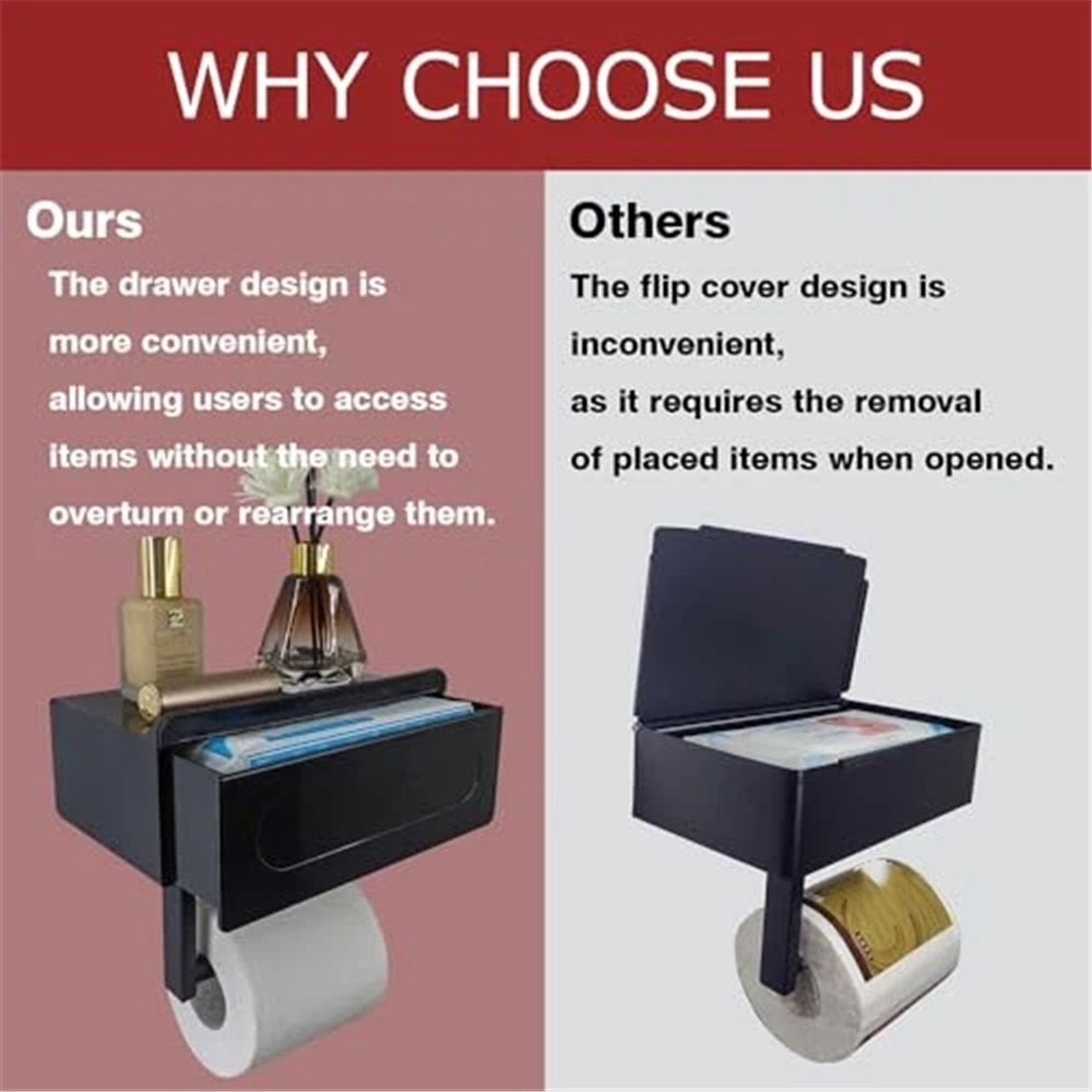 Toilet Paper Holder with Built-in Storage Drawer | Glossy Plastic Bathroom Organizer | Dual-Mount V1192-AZ-W-1104