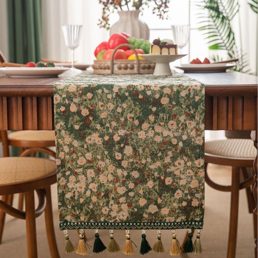 Vintage Luxury Tassel Table Runner - Elegant Dining Table Decor, Perfect for Kitchen & Holiday Celebrations, V1192-AZ-W-1108