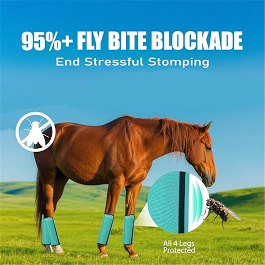 Horse Fly Boots Set of 4 - Non-Slip Leg Guards Extra Tough Mesh Ventilated, Adjustable Horse Fly Leggings V1192-AZ-W-1131