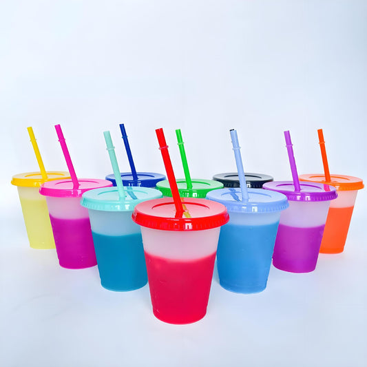 Color Changing Cups, 10 Pack 16oz Plastic Tumblers, Reusable Iced Coffee & Smoothie Cups with Lids and Straws V1192-AZ-W-2550