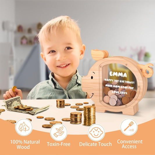 Wooden Piggy Bank for Kids Cute Money Bank for Boys and Girls Clear Wood Money Box Personalized Saving Money V1192-AZ-W-2619