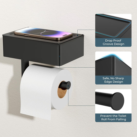 Matte Black Toilet Paper Holder with Shelf, Wipe Holder for Bathroom Flushable Wipes Dispenser Toilet Paper V1192-AZ-W-2623