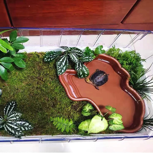 Extra Large Reptile Bathing Pool Reptile Feeding Dish Water Bowl with Ramp Aquarium Ornament for Gecko, V1192-AZ-W-2657