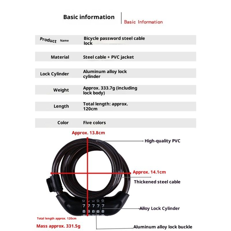 Bike Lock, Bike Locks Cable, High Security 5 Digit Resettable Combination Coiling Bicycle Lock, Heavy Duty V1192-AZ-W-2727