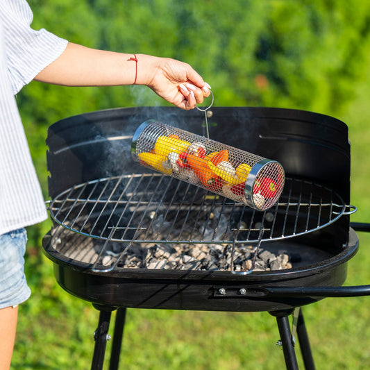 2PCS Rolling Grill Baskets for Outdoor Grill, Egg Accessories-Set Includes Fork, Hook, and Oil Brush-304g V1192-AZ-W-2806