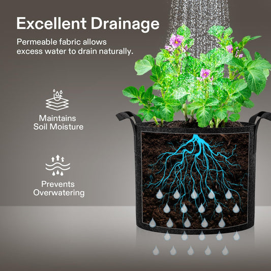 5-Pack 5 Gallons Grow Bags - Heavy Duty 300g Thickened Aeration Nonwoven Fabric Pots with Handles - Ideal V1192-AZ-W-2832
