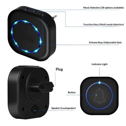 Wireless Doorbell, Door Bell Kit, Distinguish Front and Rear Doors, for Home Office Classroom(One drag, two V1192-AZ-W-2906