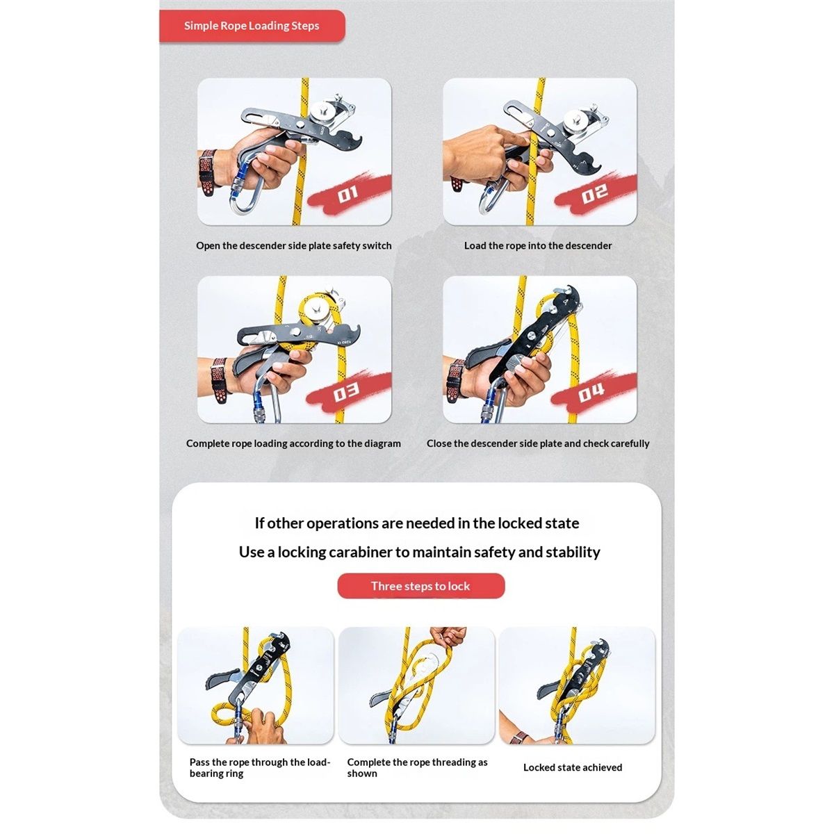 Climbing Stop Descender Rappelling Anti-Panic Belay Devices for 10-12mm Rope Rescue Equipment Hand Controls V1192-AZ-W-2955