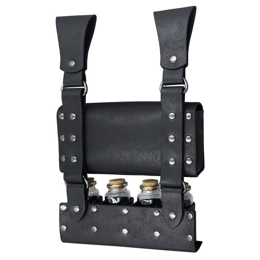 Medieval Alchemy Belt Bag with 4 Cork Potion Vials, Fantasy Wizard Waist Pouch Side Pack with Glass Vials V1192-AZ-W-2966
