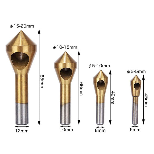 4pcs Titanium Coated Countersink Chamfer Tool Deburring Tool Set Metal Wood Drill Bits 2-5mm 5-10mm 10-15mm V1192-AZ-W-2981